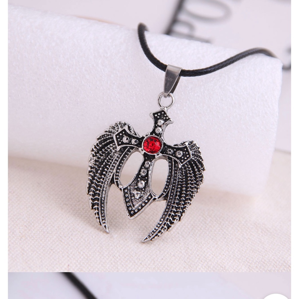 Silver Rhinestone Cross Angel Wings Necklace - Picture 2 of 4